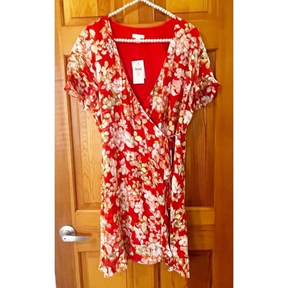 J. Jill Wrap Dress Orange Shabby Chic Sz PM Coastal Floral Flutter Sleeve Lined